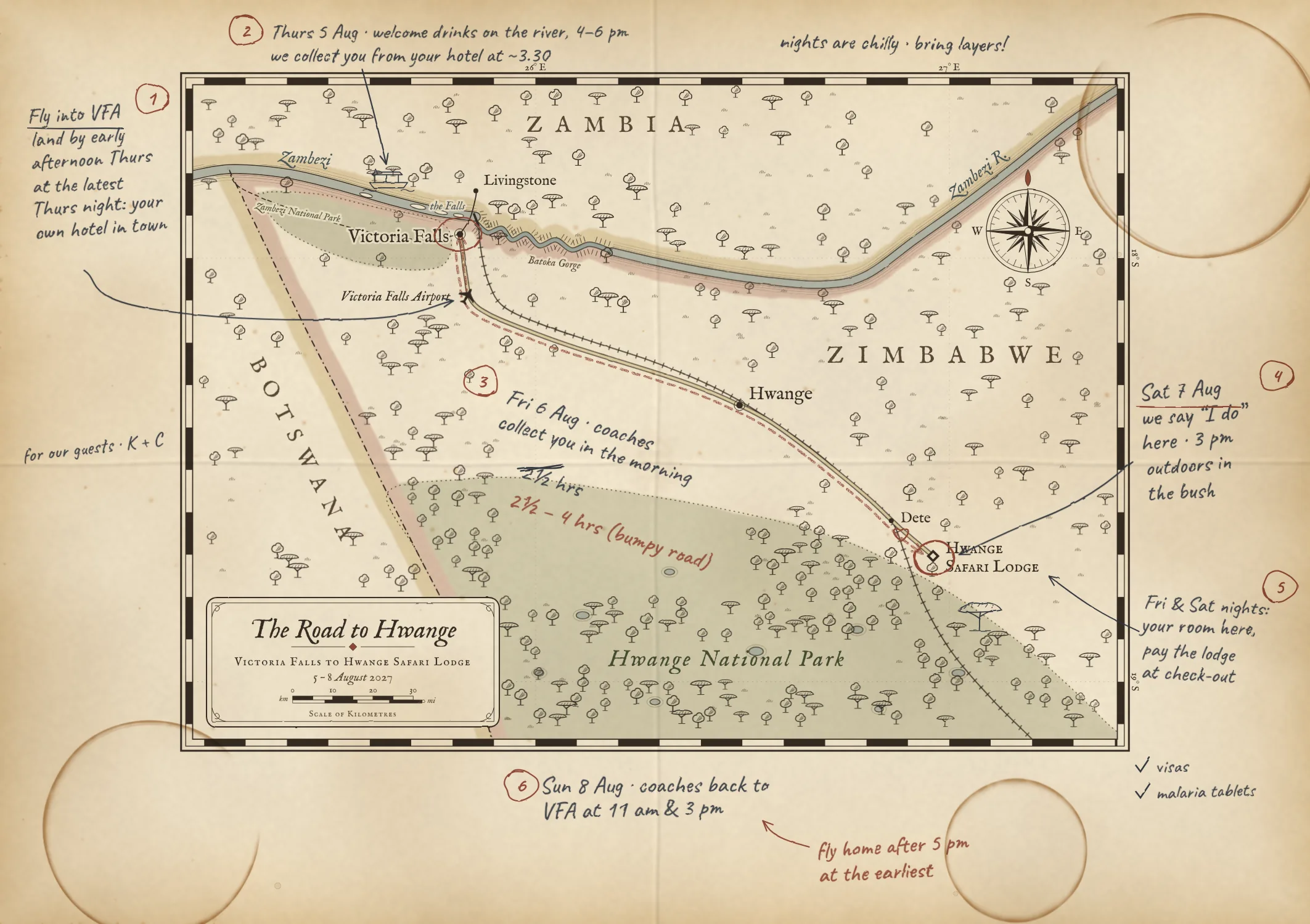 Old-style map of the road from Victoria Falls to Hwange Safari Lodge, with handwritten notes in the margins: 1, Thursday 5 August, welcome drinks on the river from 4 to 6 pm, and we collect you from your hotel at about 3.30; 2, fly into Victoria Falls Airport (VFA) and land by early afternoon on Thursday at the latest, with your own hotel in town that night; 3, Friday 6 August, coaches collect you in the morning for the 2½ to 4 hour drive; 4, Saturday 7 August, the ceremony at the lodge at 3 pm, outdoors in the bush; 5, Friday and Saturday nights at the lodge, paid when you check out; 6, Sunday 8 August, coaches back to VFA at 11 am and 3 pm, so fly home after 5 pm on Sunday at the earliest.