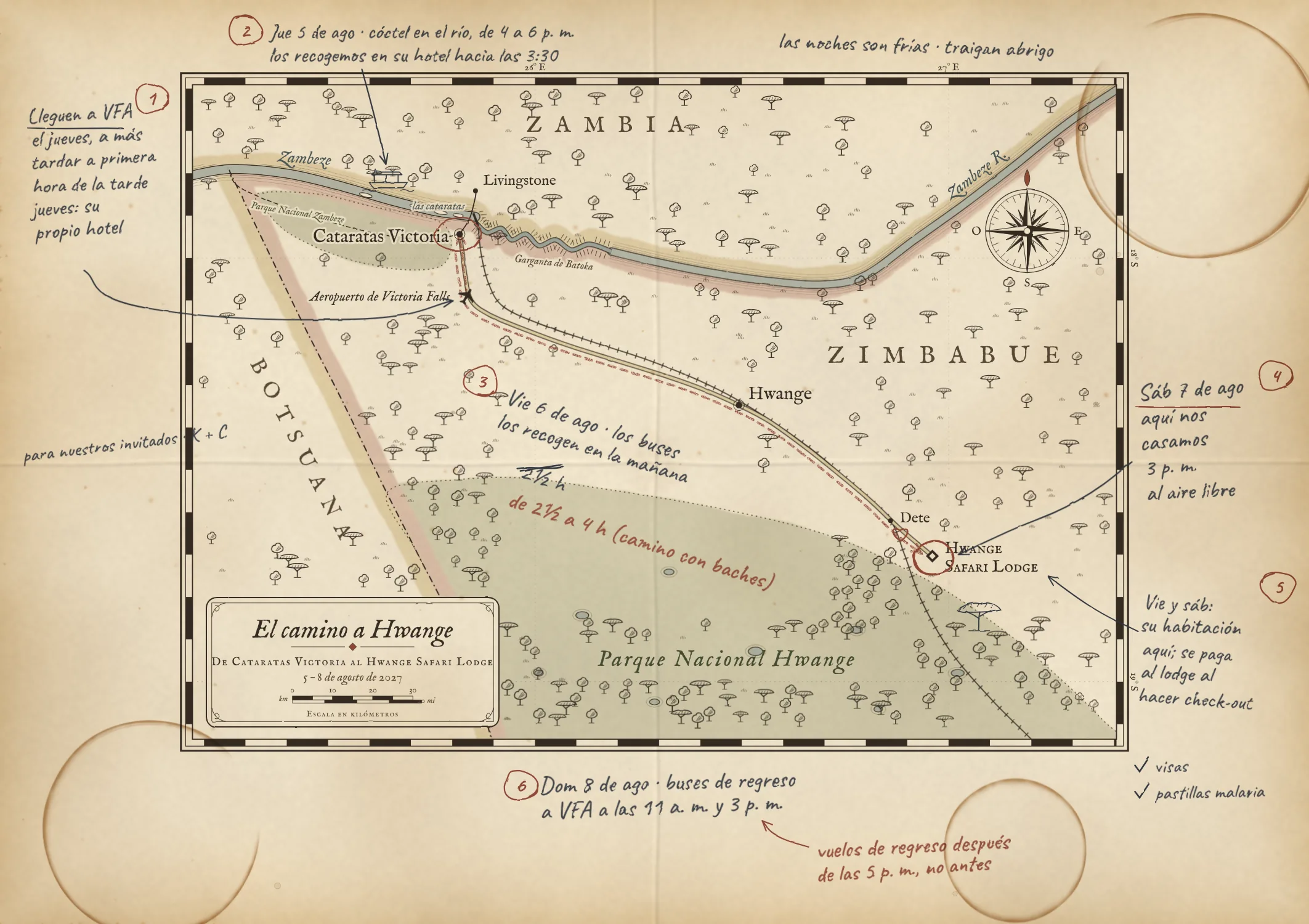 Mapa antiguo del camino de Cataratas Victoria al Hwange Safari Lodge, con notas a mano en los márgenes: 1, jueves 5 de agosto, cóctel en el río de 4 a 6 p. m., y los recogemos en su hotel hacia las 3:30; 2, lleguen al aeropuerto de Victoria Falls (VFA) el jueves, a más tardar a primera hora de la tarde, con su propio hotel en el pueblo esa noche; 3, viernes 6 de agosto, los buses los recogen en la mañana para el viaje de 2½ a 4 horas; 4, sábado 7 de agosto, la ceremonia en el lodge a las 3 p. m., al aire libre; 5, viernes y sábado en el lodge, se paga al hacer check-out; 6, domingo 8 de agosto, buses de regreso a VFA a las 11 a. m. y 3 p. m., así que vuelen de regreso el domingo después de las 5 p. m., no antes.